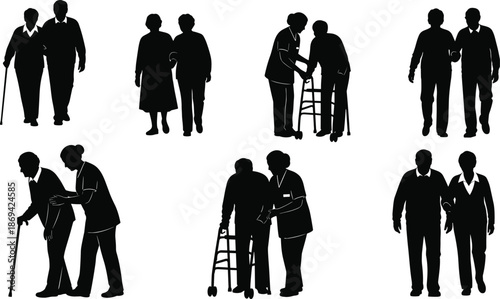 Senior care silhouette set showing elderly people walking together and assisted by caregivers with cane and walker support illustration
