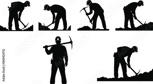 Miner silhouette set working with pickaxe and helmet during coal excavation and underground mining labor illustration collection