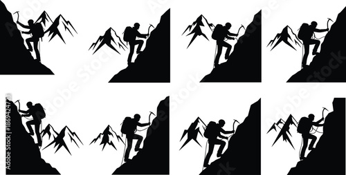Mountain climber silhouette sequence scaling steep rocky cliffs with ice axe and backpack adventure hiking illustration set