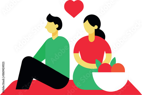 Valentine's Day Couple sitting on red blanket with fruit bowl woman