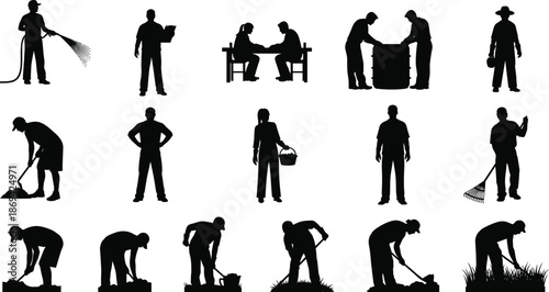 Gardening and farm worker silhouette set showing watering planting harvesting and landscaping activities for agriculture and outdoor labor illustration