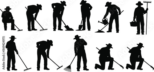 Gardener silhouette collection performing raking digging watering and soil preparation tasks for professional landscaping and outdoor garden maintenance illustration