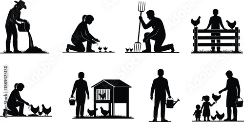 Farm and family agriculture silhouette set showing planting feeding chickens watering crops and sustainable rural lifestyle outdoor illustration