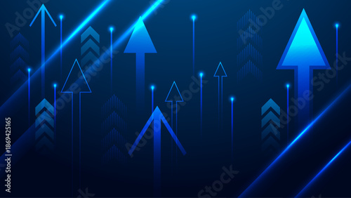 Digital growth chart with rising arrow showing financial success, blue abstract business graph illustration for investment, stock market, economy analysis, modern banking finance background vector des