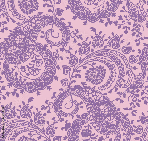 Seamless purple paisley pattern. Ornamental vintage floral background. Traditional ethnic textile design.