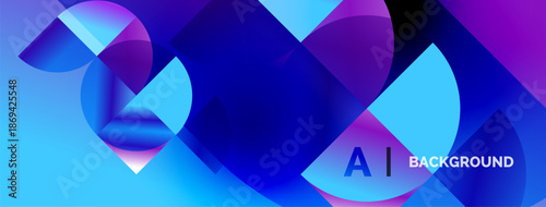 Abstract vibrant shapes overlap. Blue, purple hues dominate design. Modern aesthetic, digital art style. Background suggests artificial intelligence.
