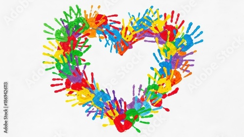 Vibrant handprints in a rainbow of colors artfully form a heart symbol, celebrating unity, diversity, and creativity