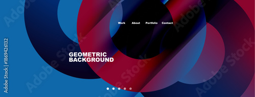 Abstract geometric background features vibrant blue, purple, red hues. Text includes work, about, portfolio, contact options. Modern design.