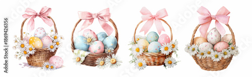 Watercolor spring basket set with Easter eggs. Pastel spring arrangement with decorated eggs in fresh daisies with pink bow. Cute holiday illustration perfect for greeting cards and holiday designs.