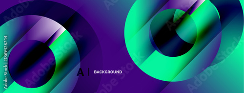 Abstract design features overlapping circles, vibrant purple, turquoise gradients. Modern aesthetic, suitable for digital backgrounds.