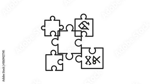 Abstract Puzzle Pieces Forming Connection with Symbols, Teamwork Concept