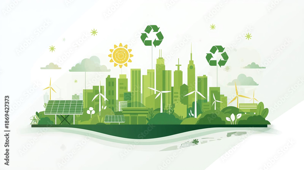 Fototapeta premium Green City Skyline with Solar Panels, Wind Turbines & Recycling Icons