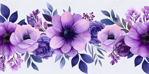Watercolor purple floral border with anemones and roses