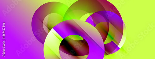 Abstract composition features overlapping translucent circles. Vibrant purple, green hues create dynamic visual effect. Modern design.