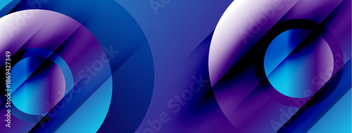 Abstract composition featuring overlapping circles, vibrant blues, purples. Modern design, dynamic shapes create visual interest.