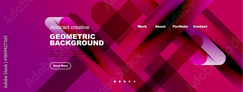 Modern website header design. Pink geometric shapes overlap, creating dynamic visual effect. Navigation menu present. Text details included.