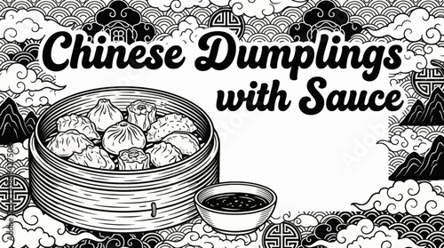 Chinese dumplings served with dipping sauce Black and white vector illustration, representing classic Asian street and home cuisine