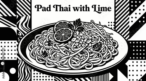 Thai pad thai noodles topped with lime and peanuts Monochrome vector illustration, highlighting popular Southeast Asian street food culture