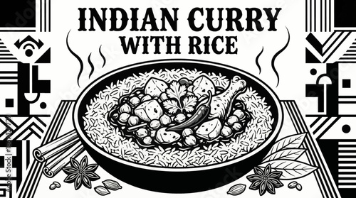 Indian curry served with rice and spices Black and white vector illustration, designed in clean outline style for menu and editorial use