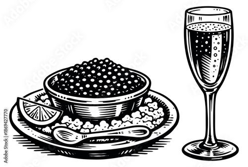 Hand drawn line art luxury food and drink set featuring caviar, a lemon slice, and a champagne glass for fine dining