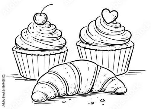 Hand drawn line art desserts set featuring two cupcakes and a croissant for a cafe menu