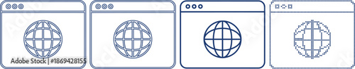 Web browser window with globe icon set in various graphic art styles