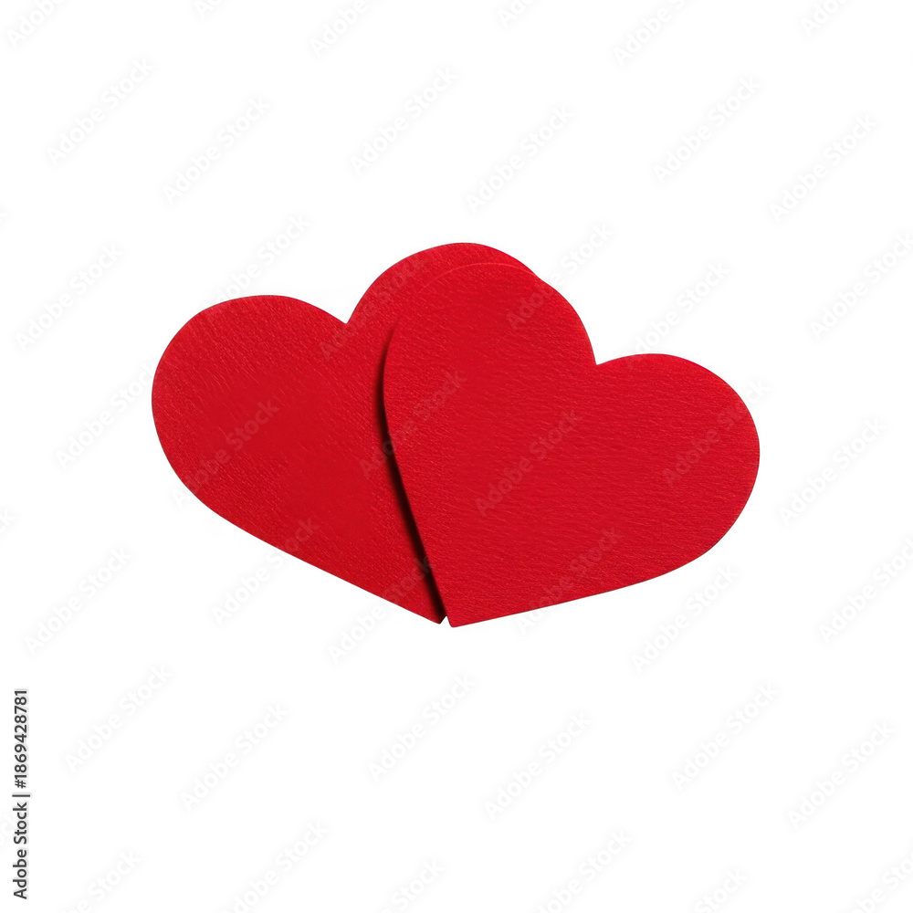 Fototapeta premium Two romantic red heart shapes isolated on a white background create a passionate Valentine's Day symbol and holiday decoration for a love card or gift design