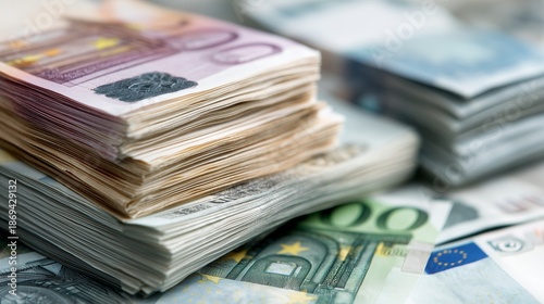 Bundles of euro banknotes on a table representing money, banking and investment