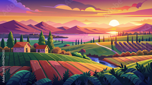 Very beautiful colorful sunset over vineyards near Lake Balaton, Hungary, where rolling hills, grapevines, and warm evening light create a serene and romantic countryside atmosphere.