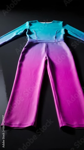 A paper pattern transforms into a vibrant, ombre jumpsuit. This digital animation showcases modern fashion design.