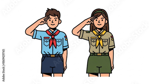 Two cartoon scouts in uniform salute with smiling faces and colorful neckerchiefs on white background