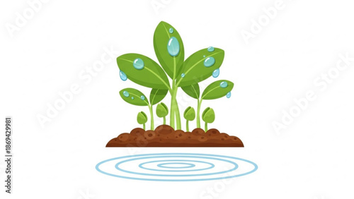 Green plants growing in brown soil with water droplets and ripples on white background