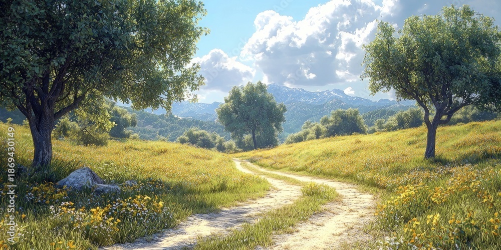 Fototapeta premium Dirt path curves through wildflower field with scattered trees under bright sky filled with soft clouds. Generative by AI.