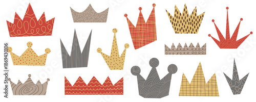Set of cut out scrapbook crown with crayon scribble patterns. Whimsical irregular royal forms for collage with doodles, rough chalk strokes texture. Asymmetrical king and queen design shapes