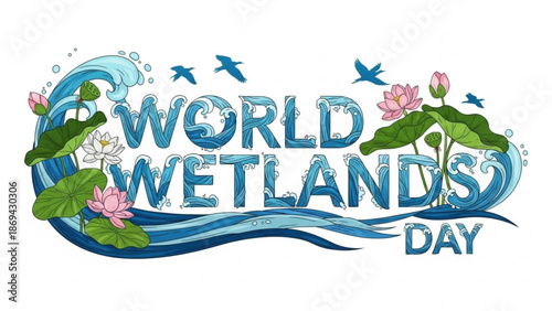 World wetlands day celebration with water wave and lotus flowers with ecosystem