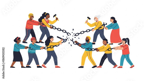 Diverse group of people breaking free from chains together teamwork unity and freedom concept