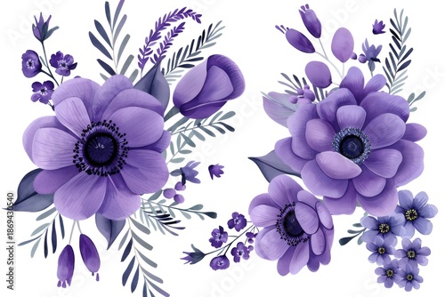 Purple watercolor floral arrangement with anemone flowers and leaves
