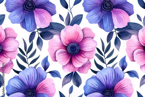 Floral seamless pattern with watercolor pink purple anemones