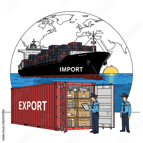 Shipping Containers with Men Inspecting Cargo.