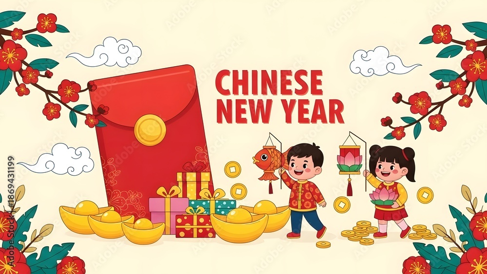 Naklejka premium Cute cartoon-style Chinese New Year scene with children, red envelope, gold ingots, fish lantern, gifts, and blooming flowers in a cheerful festive layout.
