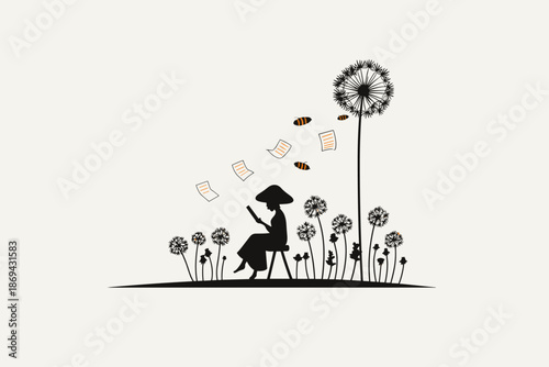 Whimsical illustration of nature and reading with bees and flowers