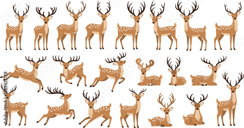 Set of cute spotted deer in various poses, flat vector illustration of woodland animals jumping standing and resting