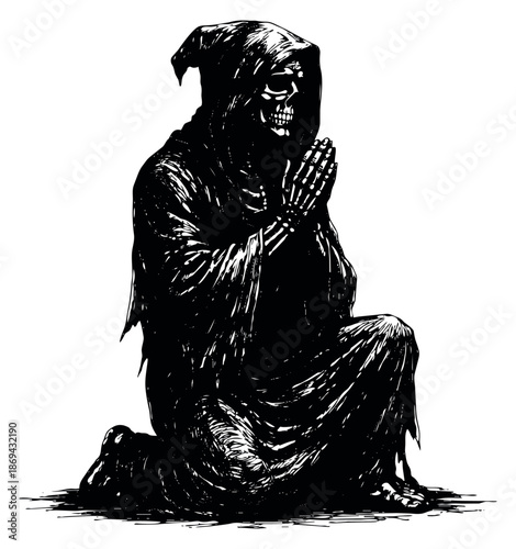 Hand drawn illustration of grim reaper depicting prayer for death or spiritual themes