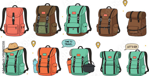 Set of hiking backpacks and travel rucksacks, flat vector illustration of outdoor camping equipment