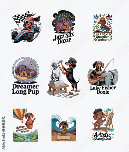 Dachshund dog in various cartoon professions and hobbies on white background Keywords: dachshund
