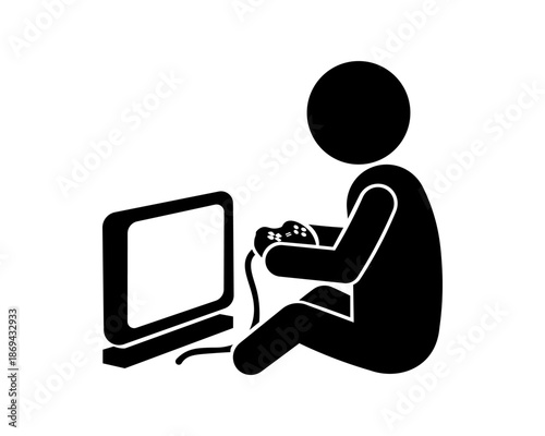 Stickman Playing Video Game with Game Controller Vector Illustration.