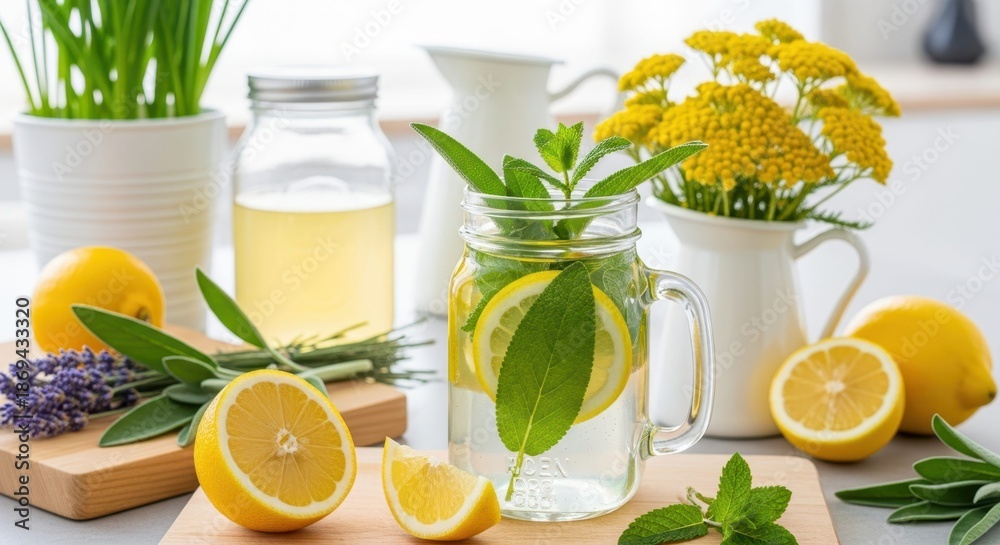 Fototapeta premium Refreshing Infusion: The composition showcases a refreshing, colorful, natural infusion drink, perfect for any occasion. Fresh, vibrant and inviting, it embodies a healthy lifestyle.