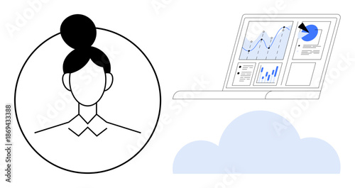 Business analytics, data visualization, user management, cloud storage, tech interfaces, accessibility. Female profile outline and laptop with graphs. Business analytics and data visualization