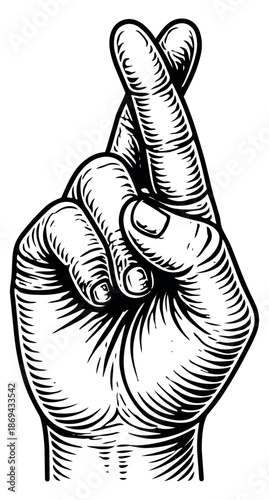 Hand drawn line art illustration of a hand depicting fingers crossed for good luck