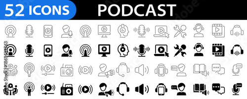 Podcast web icons in flat style. Containing audio, microphone, record, podcasting, radio, webcast, audio, video, news, broadcasting, entertainment icons. Editable stroke. Vector illustration